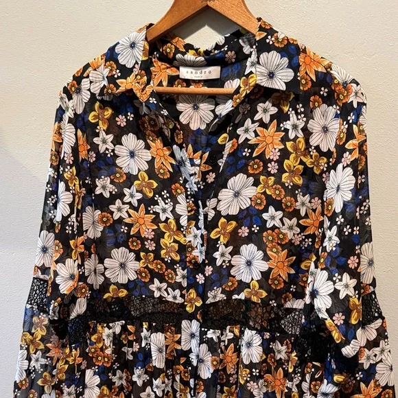 Sandro Paris Reyes Floral Button-Front Sheer Smock Dress in Black & Mustard - Picture 4 of 16